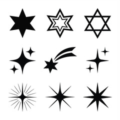 Obraz premium Collection of nine black star icons and symbols on a white background