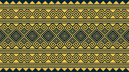 Golden yellow seamless ethnic fabric pattern on dark blue background. Wallpaper, wrapping cloth, batik style illustration, embroidery.