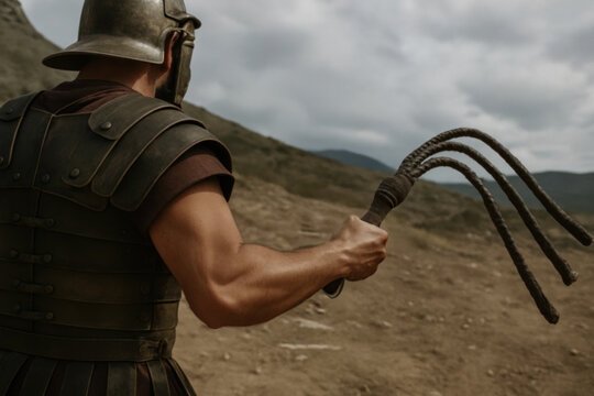 Roman Soldier Holding Whip in Ancient Desert Scene

Historical Depiction of Soldier with Scourge

Whip-Wielding Roman Guard in Arid Landscape

Ancient Roman Executioner Preparing to Strike

