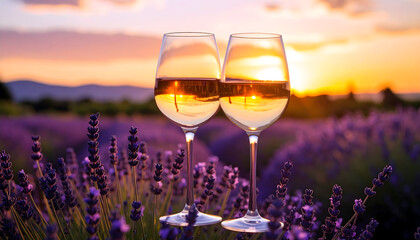 Two Wine Glasses in Lavender Field at Sunset