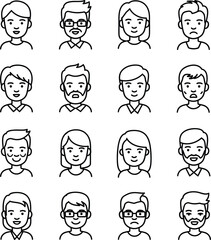 Diverse User Avatars Line Icons - People Faces and Profile Outline Set