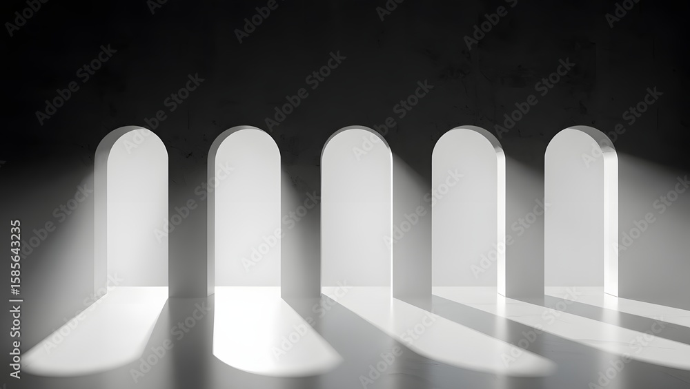 Poster illuminating archways gateways portals bright light shadows conceptual design architecture art 3d re