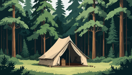 A Classic Canvas Tent Pitched in a Serene Forest Clearing Surrounded by Tall Pine Trees