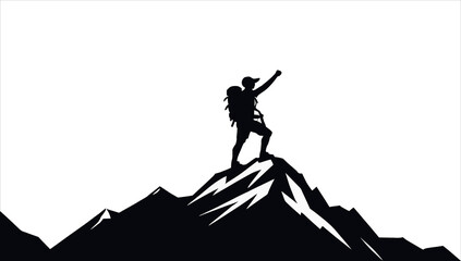 Silhouette of a Victorious Hiker Standing on a Mountain Summit with Arm Raised in Triumph