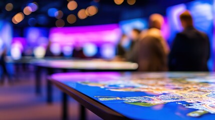 A vibrant exhibition showcasing a detailed city map with attendees engaged in discussion