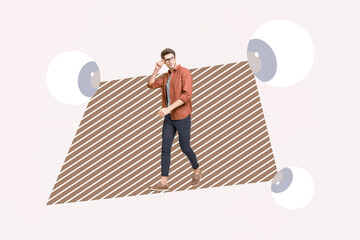 Pop collage of person stand under seeing eyeballs on color background