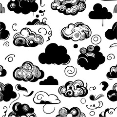 Fototapeta premium Seamless vector with hand-drawn cloud shapes, curly lines, and ink blots in sketchy black strokes.