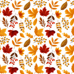 Seamless pattern with autumn leaves and berries. Ideal for wallpaper, gift paper, textiles, greeting cards. Vector illustration