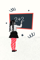 Composite sketch design artwork 3D photo collage of young girl stand back write numbers jigsaw...