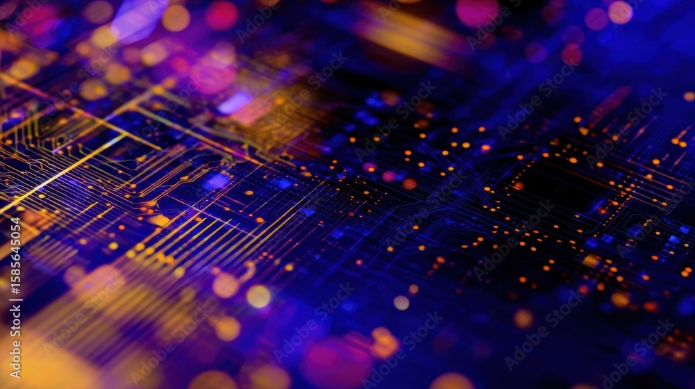 Poster abstract digital circuit board with vibrant colors and glowing lights creating a futuristic atmosphe