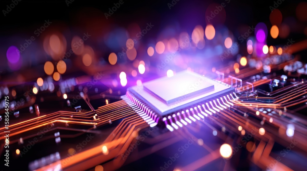 Aufkleber close-up view of a microchip on a circuit board with glowing lights and vibrant colors