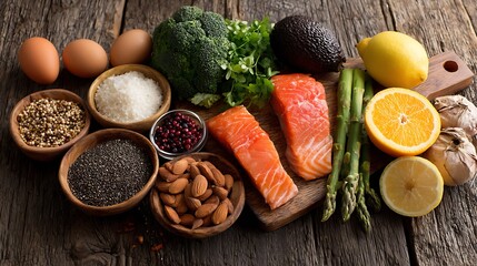 Balanced diet and nutritious food options arranged on a wooden surface, showcasing the importance of antioxidants, vitamins, and minerals.