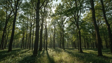 Obraz premium Deep forest with rich undergrowth and radiant sunbeams casting ambient glow, great for travel themes and hiking visuals