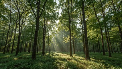 Obraz premium Magical forest light play with trees and shadows creating peaceful atmosphere, perfect for meditative and calming visuals