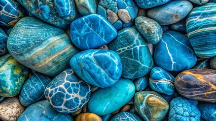 A closeup of smooth, colorful blue and green stones with natural patterns