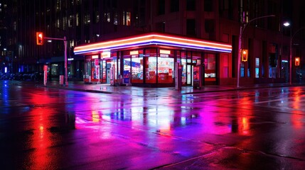 Neon-lit convenience store at night reflecting vibrant colors on wet pavement in urban setting