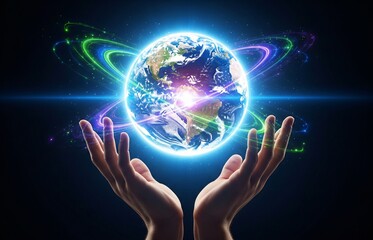 Fototapeta premium Digital artwork for World Tourism Day with human hands uplifting luminous Earth into the sky — symbolizing support, hope, and global travel