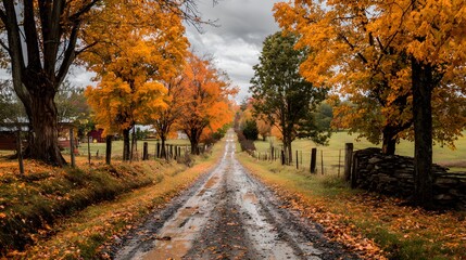 Naklejka premium Colorful fall landscape orange and yellow trees flanking a narrow muddy road fence hidden under fallen leaves peaceful rural path under overcast sky