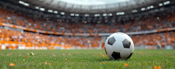 Soccer ball on a grassy field in a stadium filled with spectators