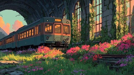 Anime background or wallpaper of a train speeding through a flower-filled valley sunlight streaming through windows