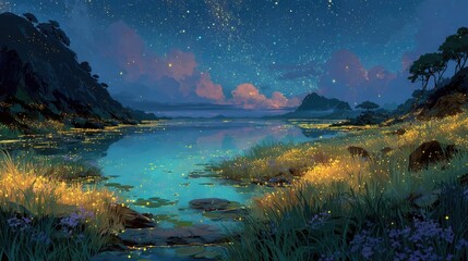A dreamy Anime background or wallpaper of a starlit lake bioluminescent plants illuminating the waters edge