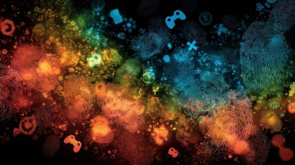 An abstract representation of cloud gaming security featuring digital fingerprints intertwining with vibrant game icons. This visually striking image symbolizes the cuttingedge technology