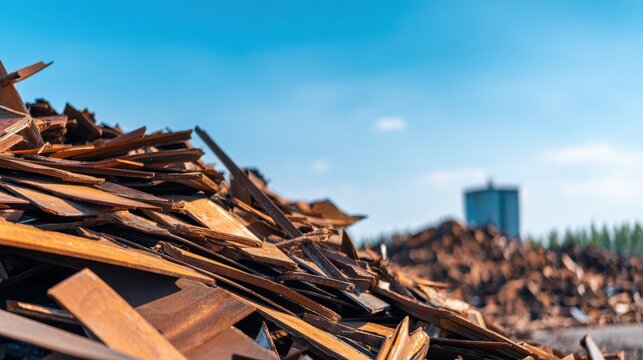 Pile of wooden debris in a scrapyard under a clear blue sky with distant industrial structures