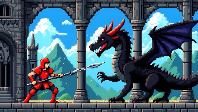 Fototapeta Pixel art knight fighting dragon fantasy illustration game art rpg adventure pixelated scene design