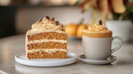 Coffee cake slice and drink still life