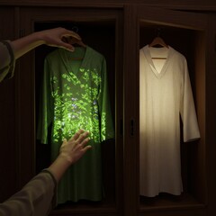 Mysterious Wardrobe: Projected Floral Design on Green Garment in a Dark Wooden Closet