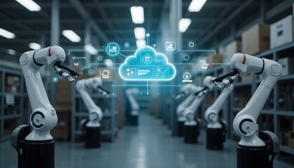 Advanced Robotic Arms in a Modern Warehouse Setting with Cloud Technology Overlay