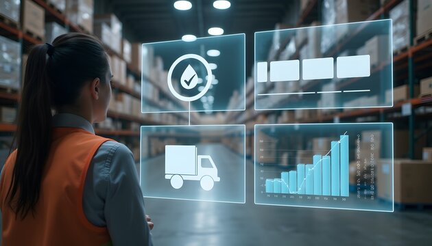 Warehouse Employee Analyzing Digital Inventory Dashboard with Graphs and Icons
