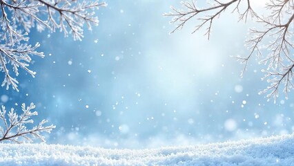 A serene winter landscape with soft snow covering the ground. Frosty branches are visible, creating a tranquil atmosphere. Ideal for text overlay.
