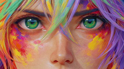 Close up of a woman with bright green eyes and colorful hair