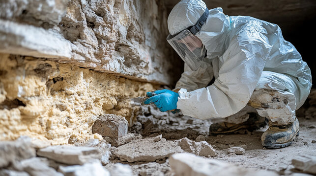 Top view of a worker wearing protective gear sealing a crawl space to prevent pests. Industrial safety focus, pest control, and maintenance work. Caption space on the side for text or branding.