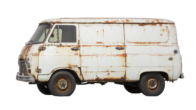 an old white van with rust on the front, isolated against a white background, png, transparent