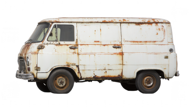 an old white van with rust on the front, isolated against a white background, png, transparent