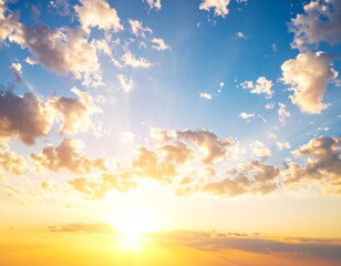 Golden Sunset Sky with Fluffy Clouds and Bright Sunlight, Peaceful Atmosphere