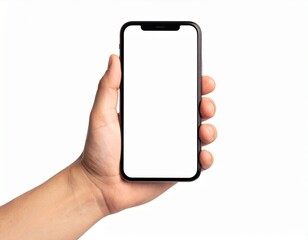 Close-up of a hand holding a smartphone and touching the screen with a white background. Ideal for tech, app UI, mobile commerce, or digital communication concept visuals