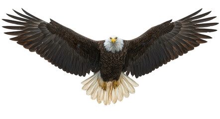 Bald eagle in flight, full-body view, against a white background, png, transparent