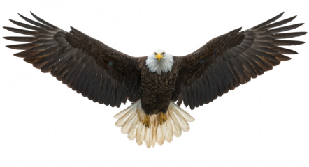 Bald eagle in flight, full-body view, against a white background, png, transparent