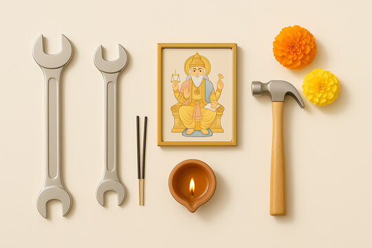 Top view of Vishwakarma Puja essentials including framed deity image, spanners, hammer, and clay lamp for worship ritual