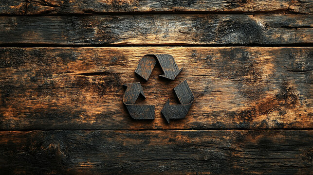 Eco-friendly recycle symbol crafted from warm maple wood board texture, set against a softly blurred background. Perfect for sustainability, green living, and environmental themes. Caption space inclu