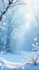 A serene winter landscape with soft snow covering the ground. Frosty branches are visible, creating a tranquil atmosphere, text