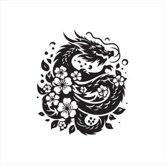 Fototapeta premium Intricate Black and White Dragon Design with Cherry Blossoms.