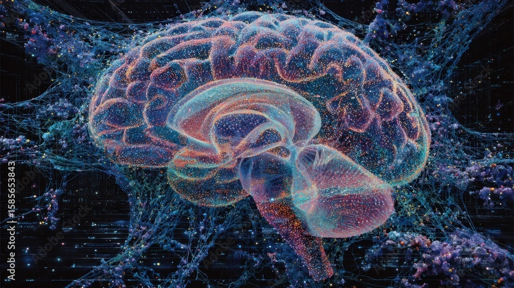 Poster futuristic depiction of a braincomputer interface illuminated by intricate neural networks represent