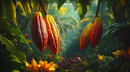 Colorful cacao pods in lush tropical setting