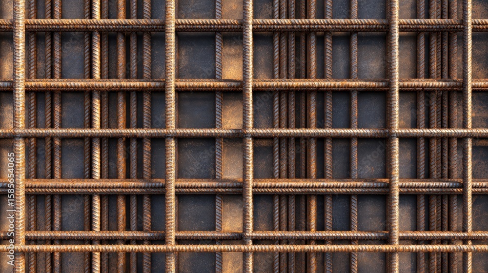 Poster close-up view of a textured metal grid showcasing intricate patterns and rust effects