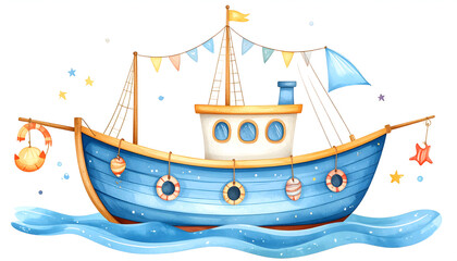 Whimsical Blue Watercolor Boat Illustration