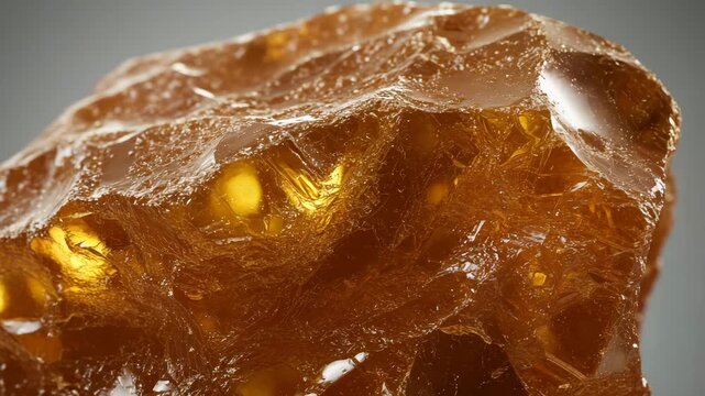 Rough amber stone with glowing inclusions in natural lighting  